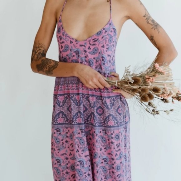 Boho Purple Pink Floral print Criss Cross Back Maxi dress - Picture 3 of 8